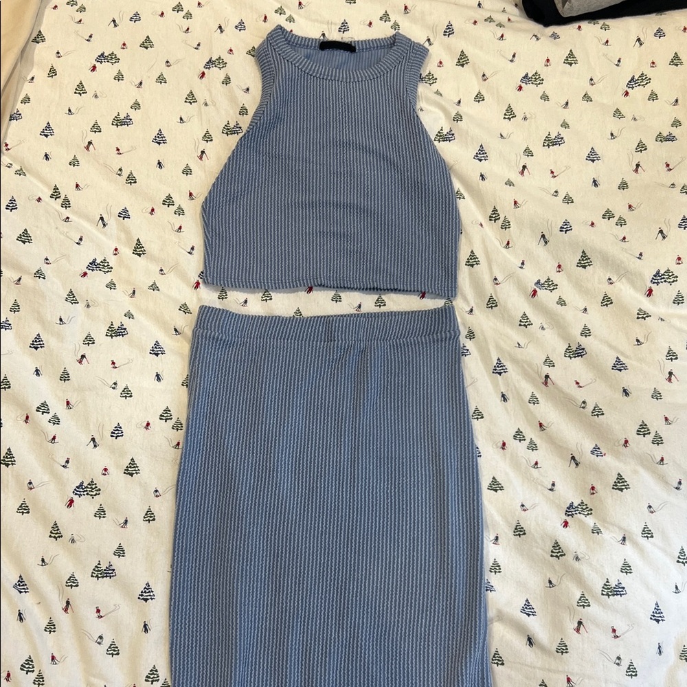 Elegant Blue Knit Skirt Set